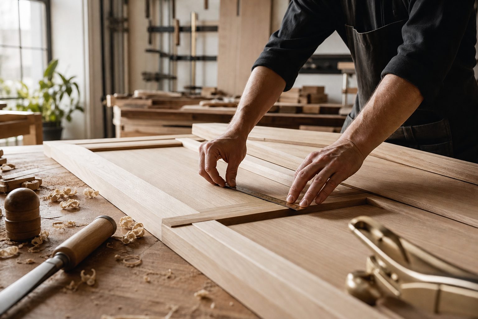 Cabinetmaker measuring a white oak closet panel in the workshop