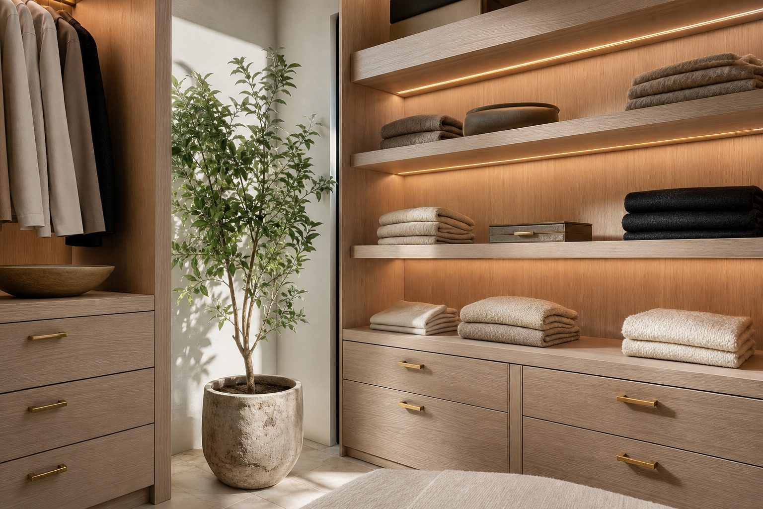 Warm-lit custom closet shelving with a potted plant