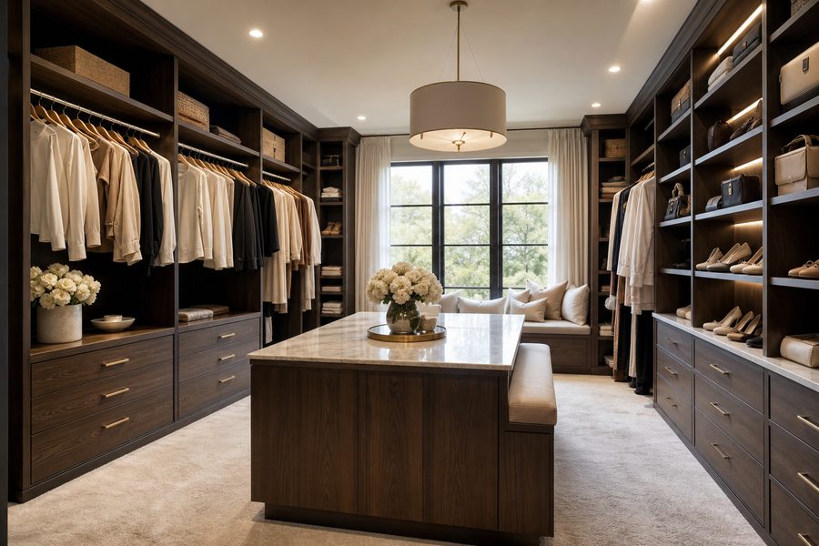 Walk-in closet in a dark chocolate pear finish