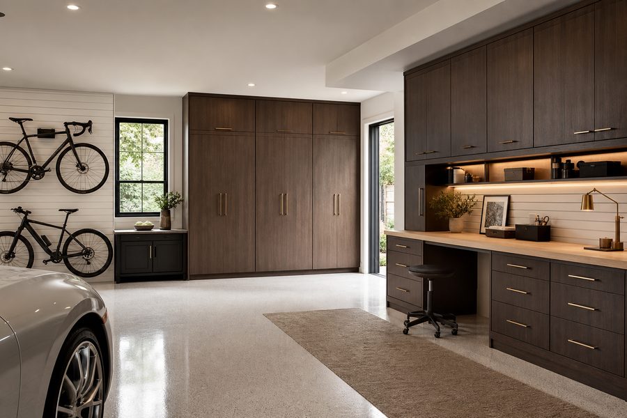 Garage with tall cabinets in a cocoa finish