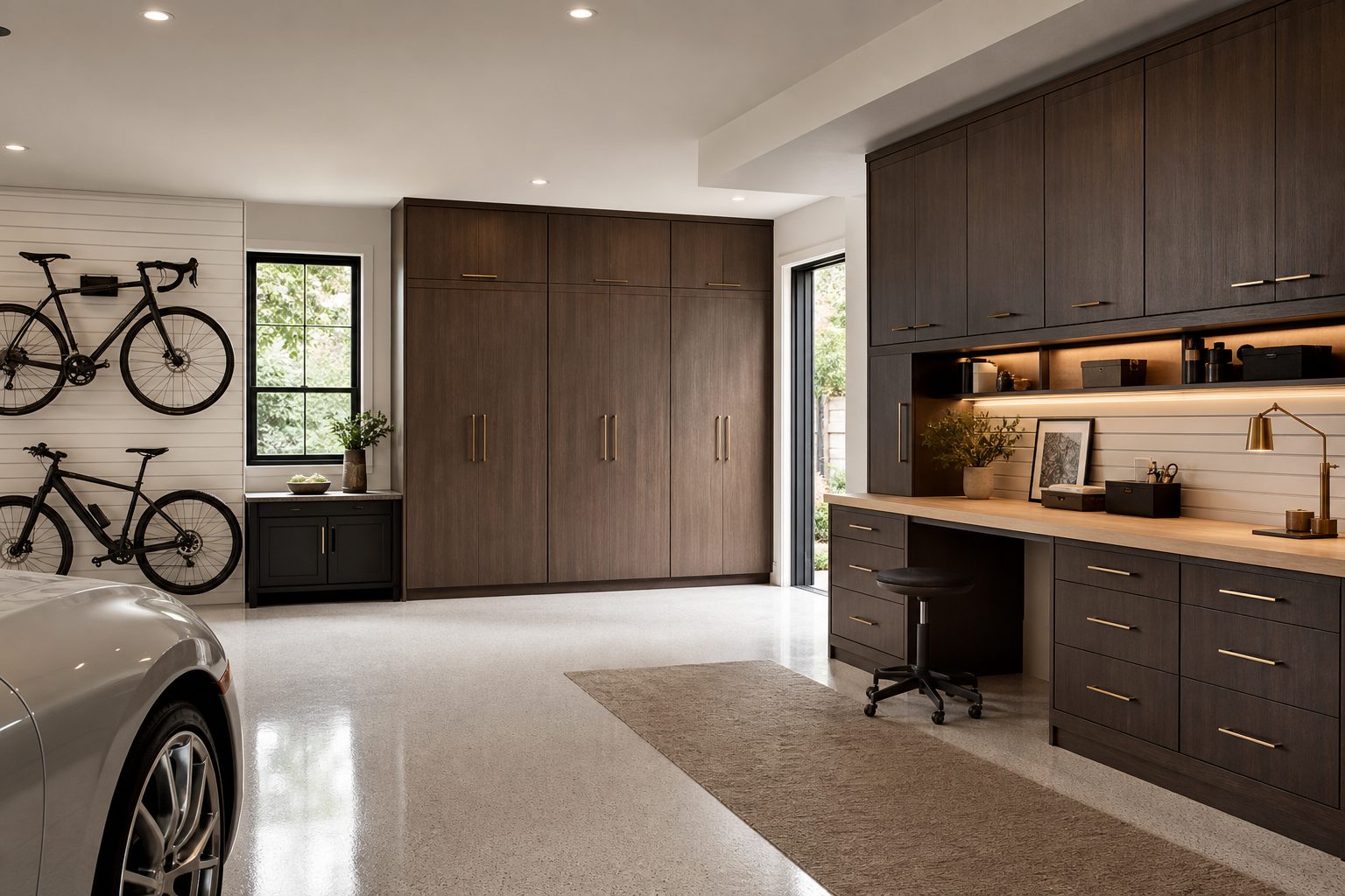 Garage with tall cabinets in a cocoa finish