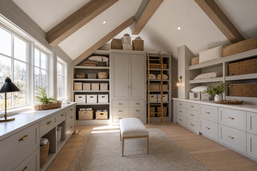Loft storage room with light-grey cabinetry