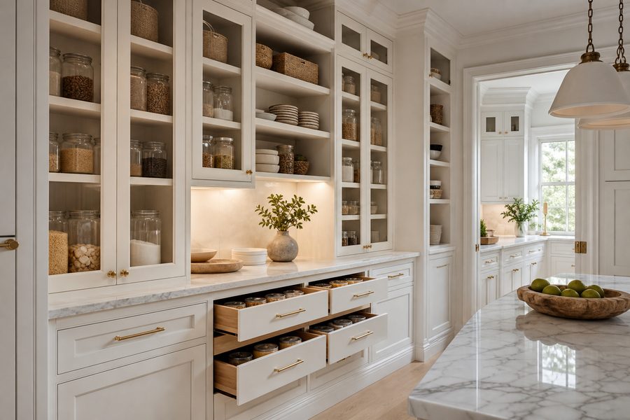 White pantry with glass-front doors and labelled canisters