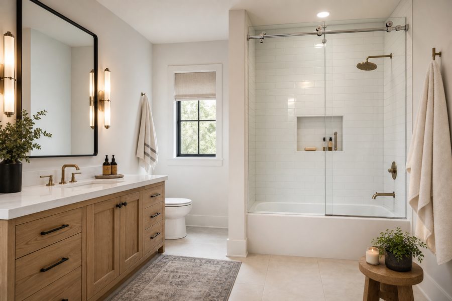 Frameless sliding glass shower door over a bathtub
