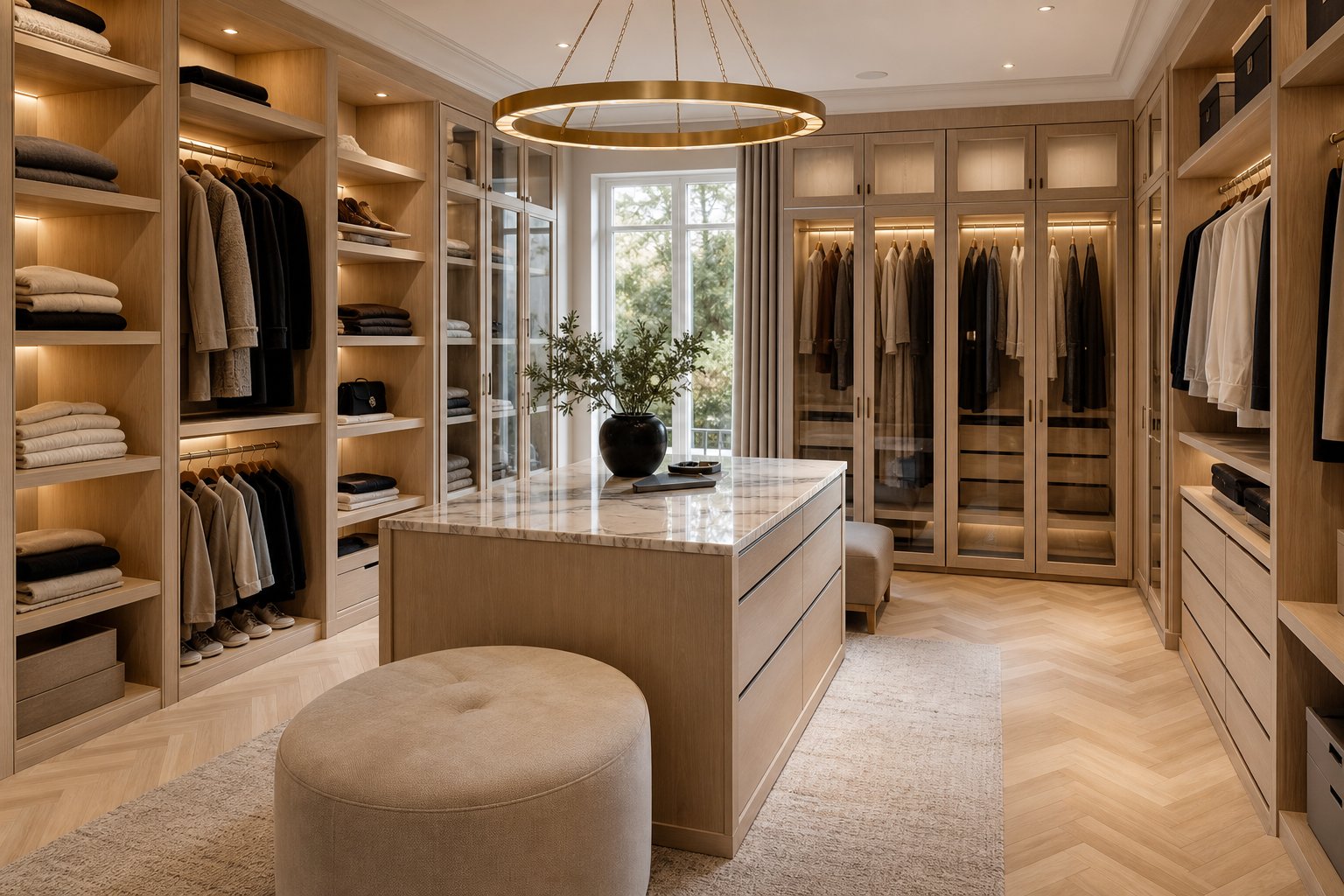 Luxurious walk-in closet with light oak cabinetry, marble island and brass chandelier