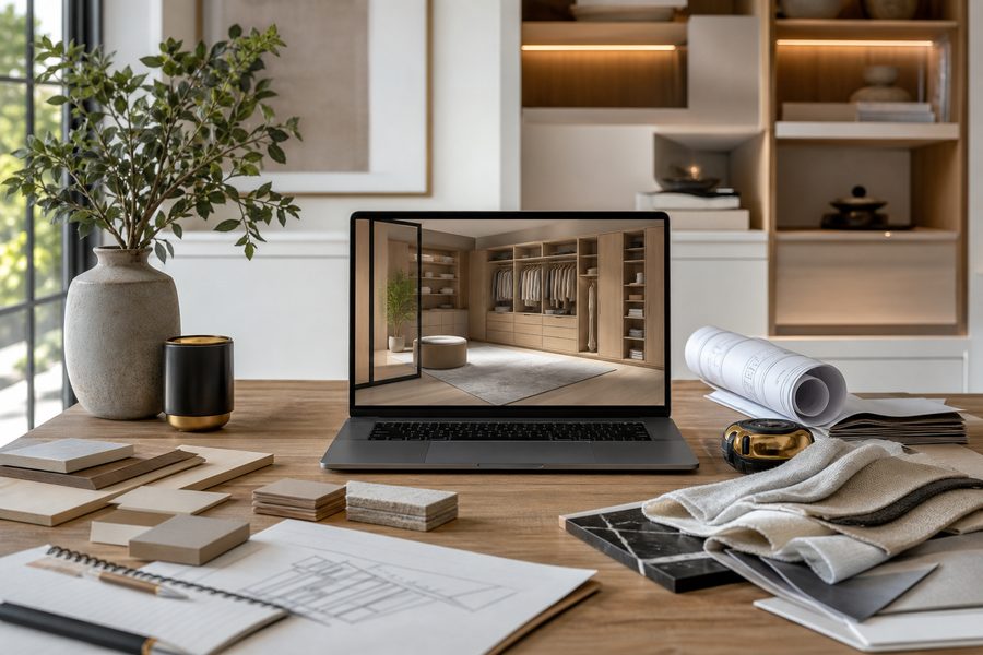 Designer’s desk with a 3D closet rendering and finish samples