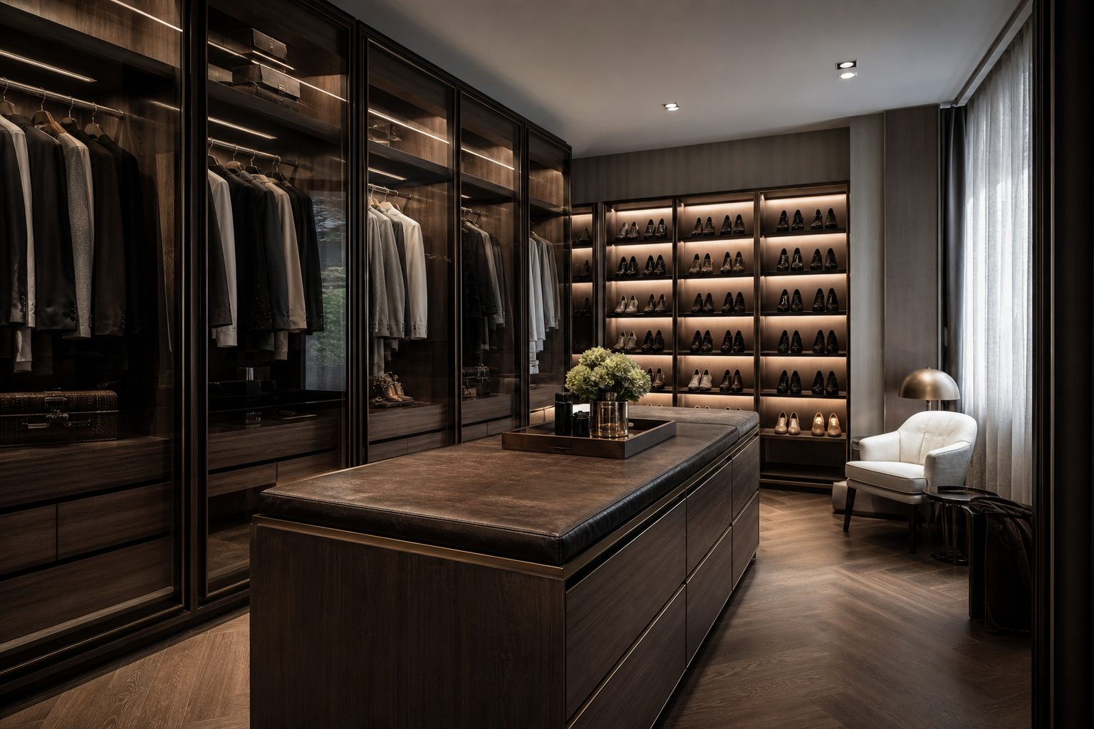Dark walnut dressing room with glass-front cabinets and a backlit shoe wall