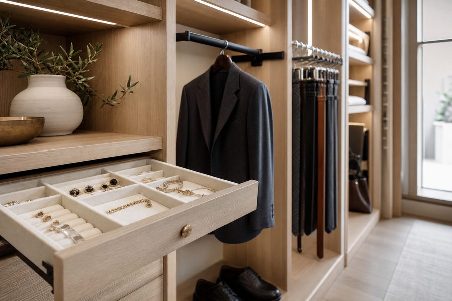 Closet accessories: jewellery tray, valet rod and tie rack