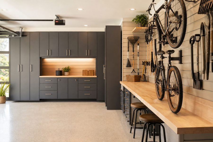 Organized garage with slate cabinets, slotwall and workbench
