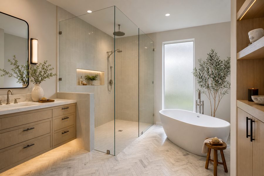 Spa-like bathroom with a frameless glass shower panel and freestanding tub
