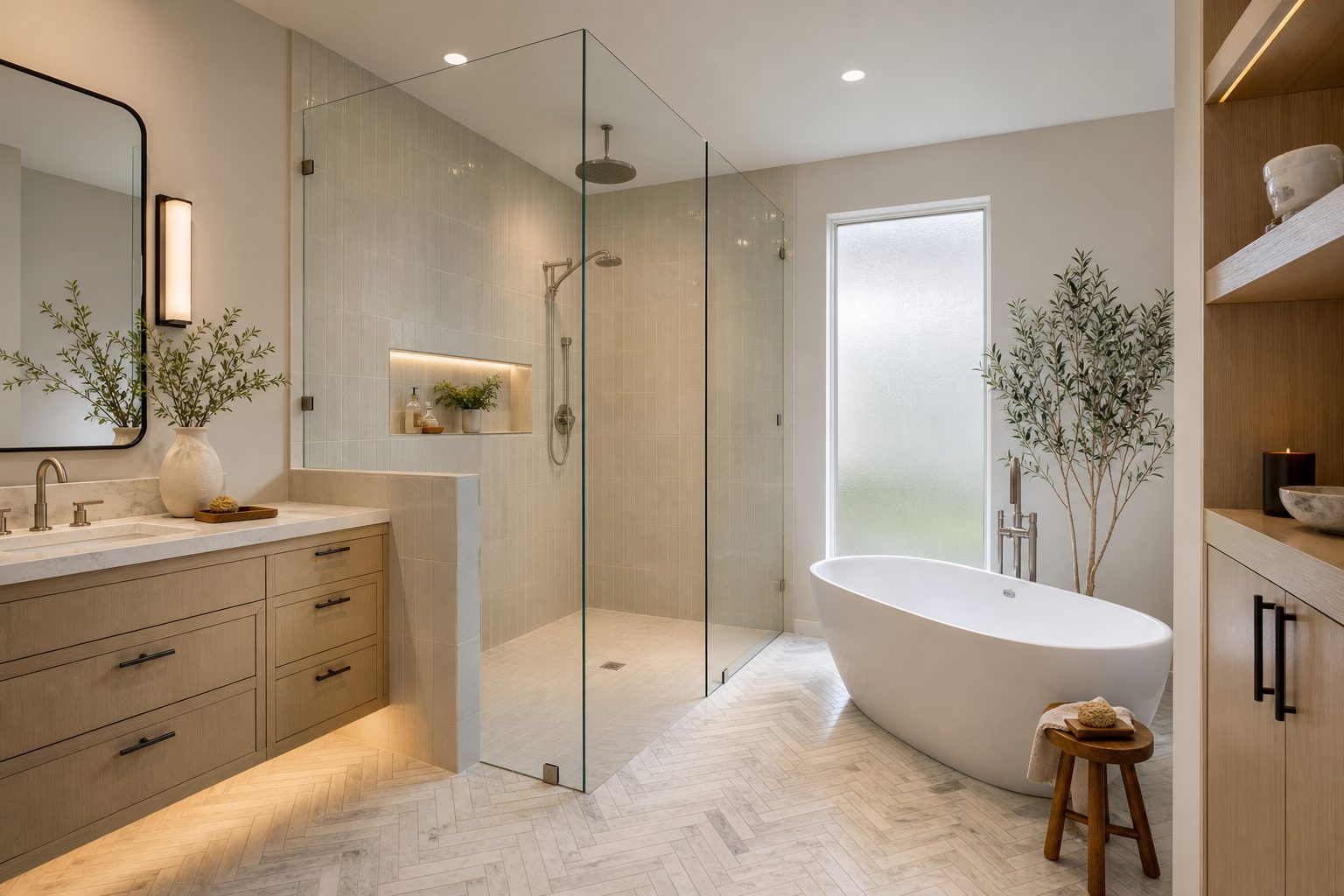 Spa-like bathroom with a frameless glass shower panel and freestanding tub