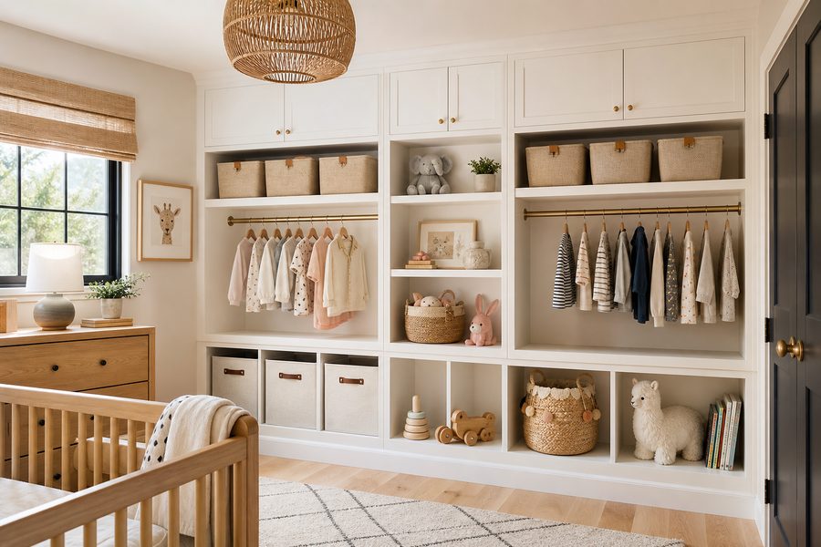 Bright nursery closet with white shelving and fabric bins