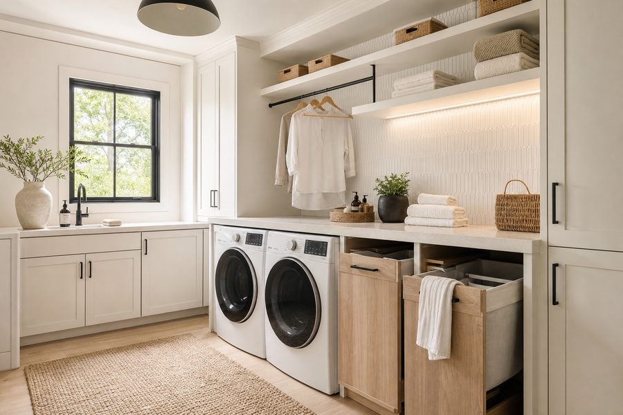 Custom laundry room with built-in cabinetry and folding counter