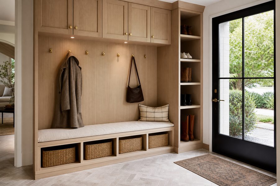 Entry mudroom with built-in bench, hooks and cubbies