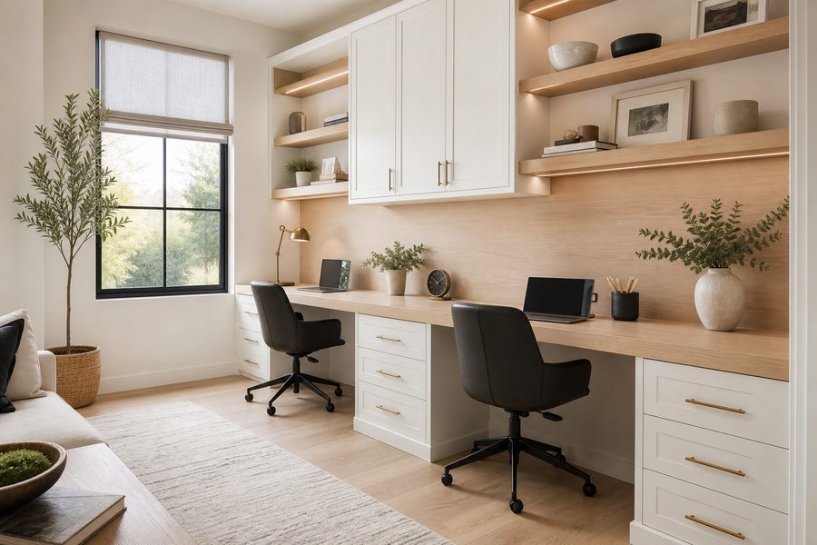 Built-in home office with white and oak cabinetry