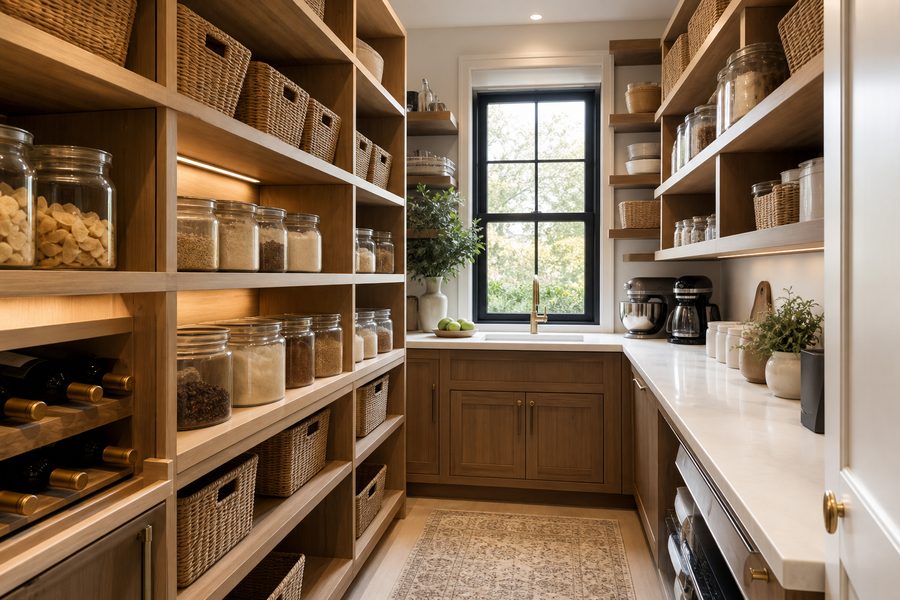 Walk-in pantry with warm wood shelving and baskets