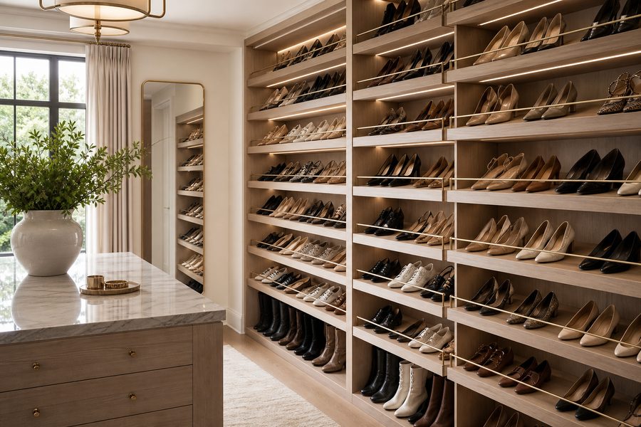 Floor-to-ceiling shoe shelving in a walk-in closet