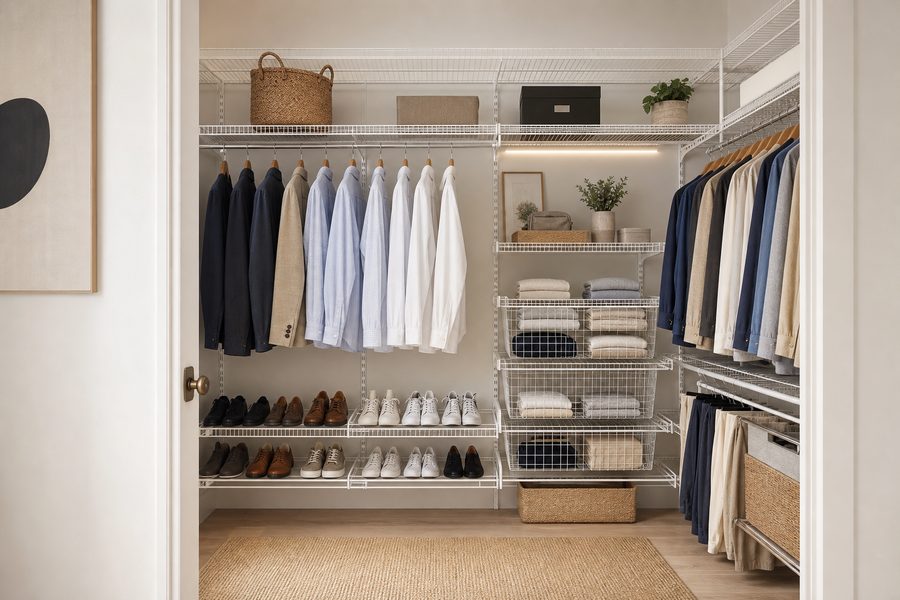 Reach-in closet with white wire shelving